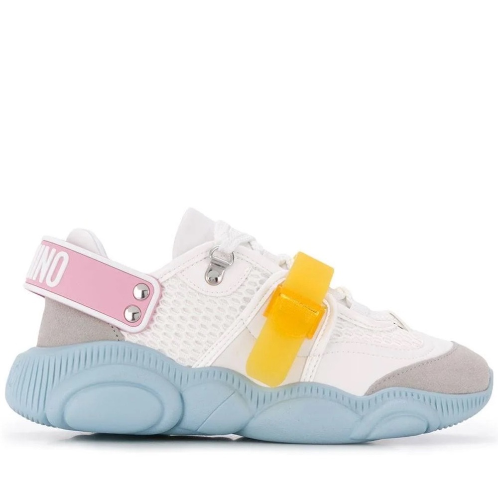 Moschino White and Yellow Chunky Sneakers Teddy Shoes Roller Skates